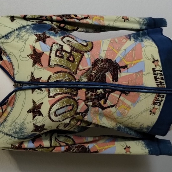 Moda USA Zip Jacket Rodeo Rhinestones Long Sleeve Blue Pink Large - Picture 3 of 10